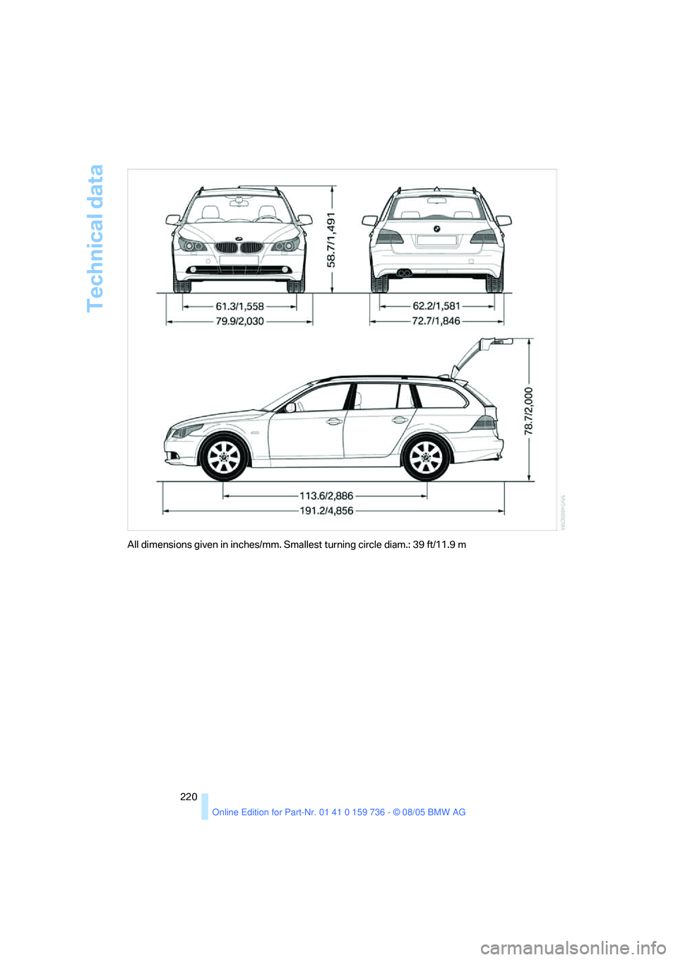 BMW 525XI 2006  Owners Manual Technical data
220
All dimensions given in inches/mm. Smallest turning circle diam.: 39 ft/11.9 m 