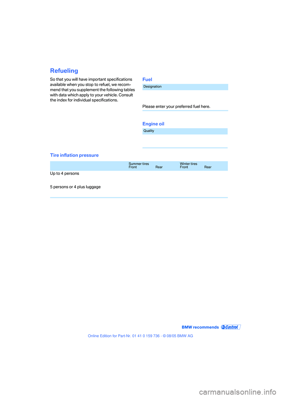 BMW 525XI 2006  Owners Manual Refueling
So that you will have important specifications 
available when you stop to refuel, we recom-
mend that you supplement the following tables 
with data which apply to your vehicle. Consult 
th
