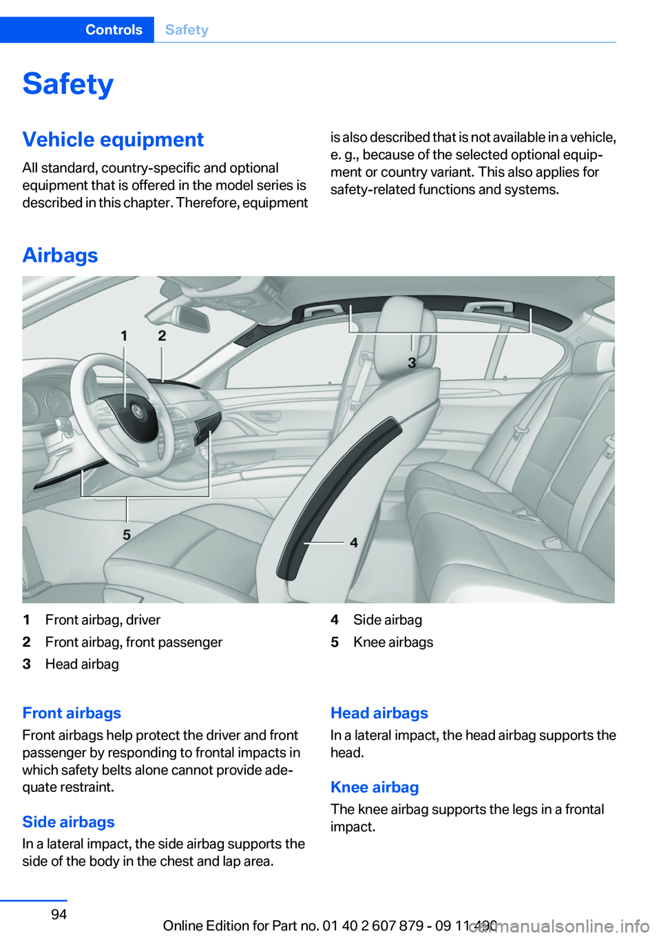 BMW 528I 2012  Owners Manual SafetyVehicle equipment
All standard, country-specific and optional
equipment that is offered in the model series is
described in this chapter. Therefore, equipmentis also described that is not availa