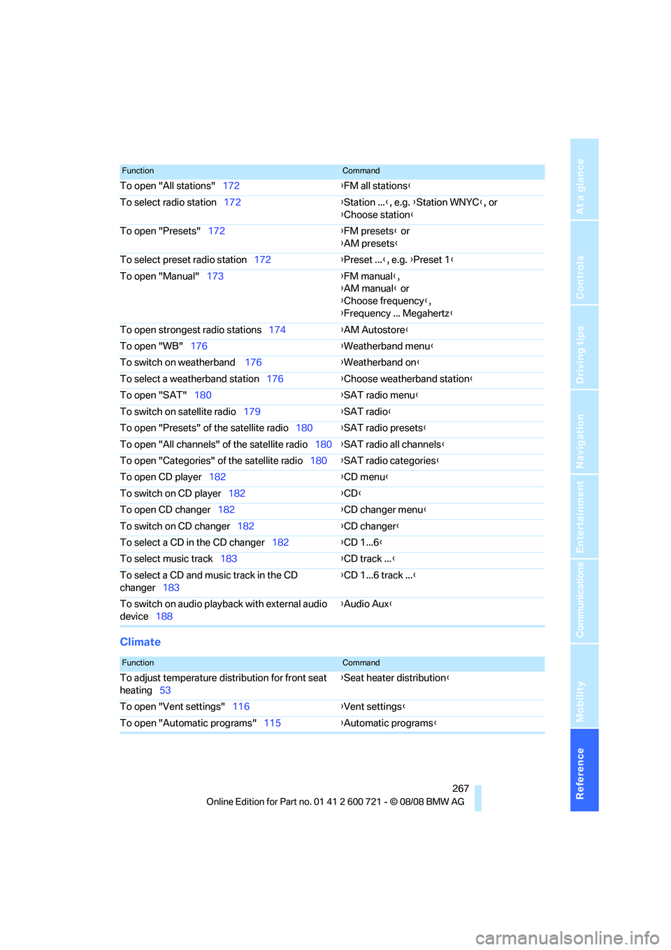 BMW 528I 2009 Owners Manual Reference 267
At a glance
Controls
Driving tips
Communications
Navigation
Entertainment
Mobility
Climate
To open "All stations"172{FM all stations}
To select radio station172{Station ...}, e.g. {Stati BMW 528I 2009 Owners Manual Reference 267
At a glance
Controls
Driving tips
Communications
Navigation
Entertainment
Mobility
Climate
To open "All stations"172{FM all stations}
To select radio station172{Station ...}, e.g. {Stati