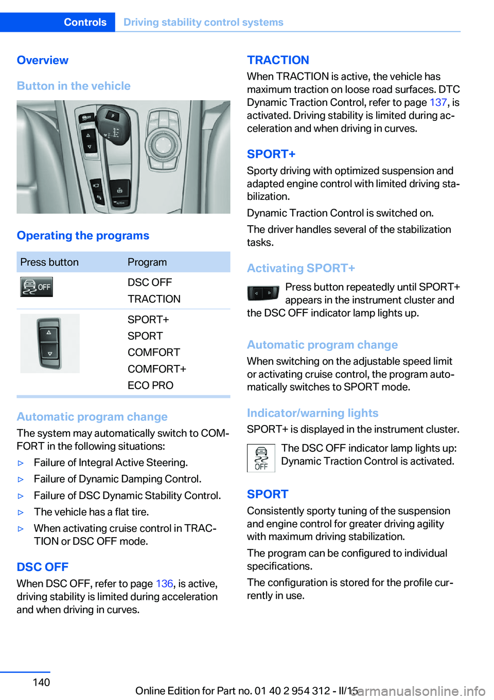 BMW 528I SEDAN 2016 Owners Manual Overview
Button in the vehicle
Operating the programs
Press buttonProgramDSC OFF
TRACTIONSPORT+
SPORT
COMFORT
COMFORT+
ECO PRO
Automatic program change
The system may automatically switch to COM‐
FO BMW 528I SEDAN 2016 Owners Manual Overview
Button in the vehicle
Operating the programs
Press buttonProgramDSC OFF
TRACTIONSPORT+
SPORT
COMFORT
COMFORT+
ECO PRO
Automatic program change
The system may automatically switch to COM‐
FO