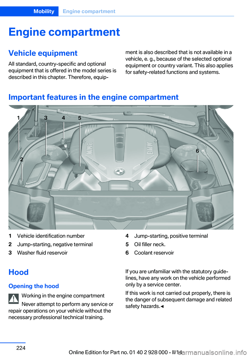 BMW 528I SEDAN 2014  Owners Manual Engine compartmentVehicle equipmentAll standard, country-specific and optional
equipment that is offered in the model series is
described in this chapter. Therefore, equip‐ment is also described tha