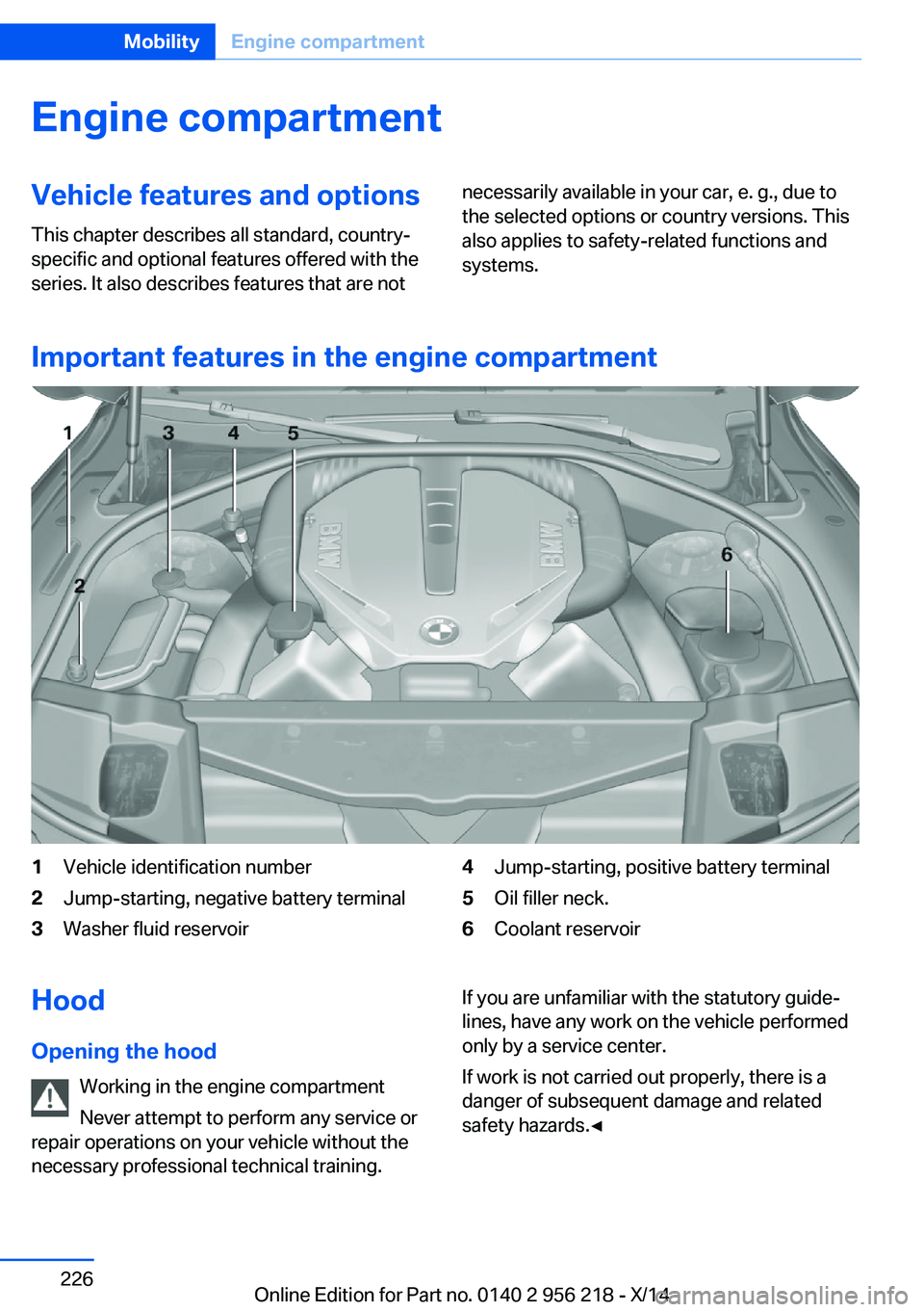 BMW 528I XDRIVE SEDAN 2014 Owners Manual Engine compartmentVehicle features and optionsThis chapter describes all standard, country-
specific and optional features offered with the
series. It also describes features that are notnecessarily a BMW 528I XDRIVE SEDAN 2014 Owners Manual Engine compartmentVehicle features and optionsThis chapter describes all standard, country-
specific and optional features offered with the
series. It also describes features that are notnecessarily a