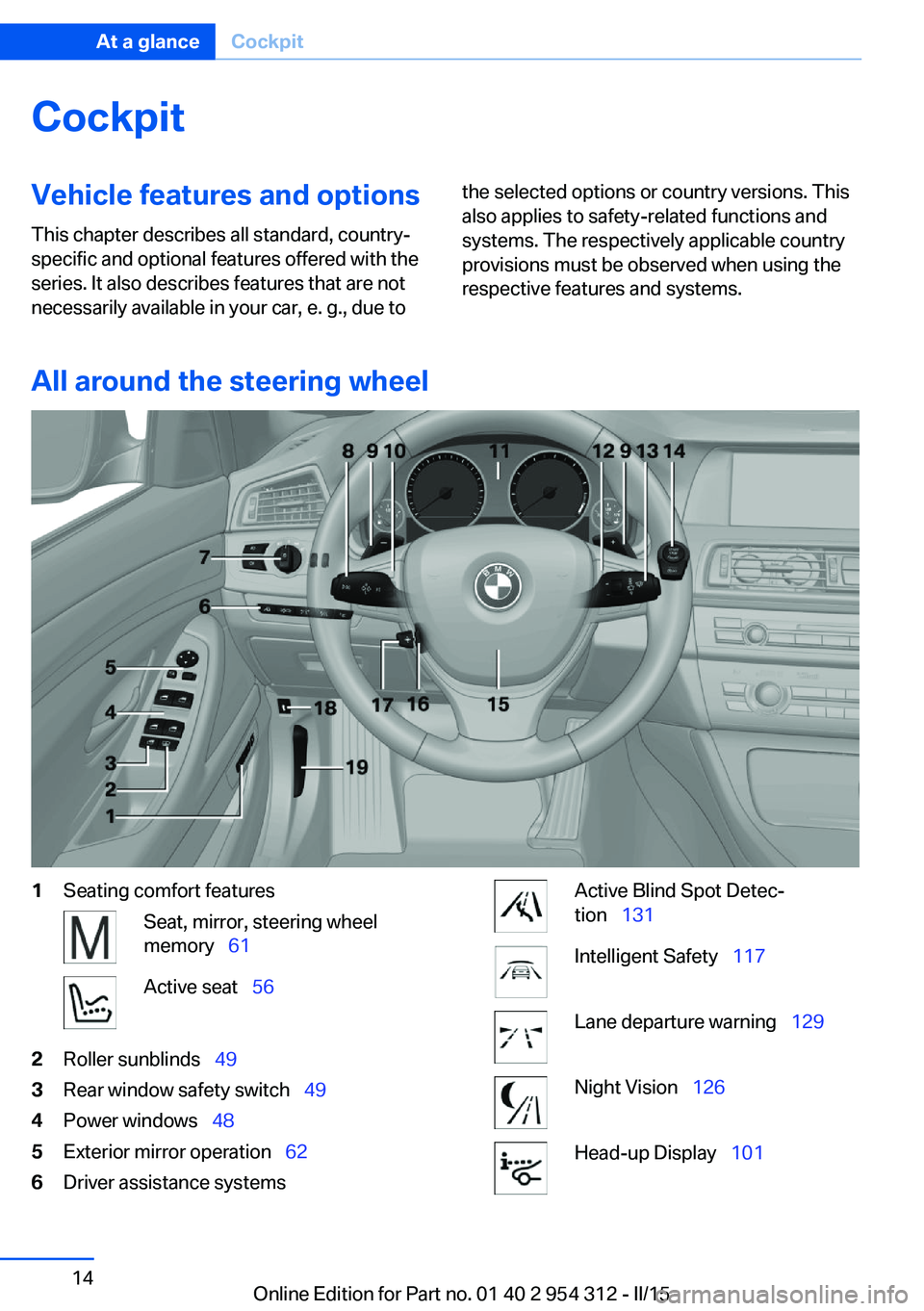 BMW 535D SEDAN 2015  Owners Manual CockpitVehicle features and options
This chapter describes all standard, country-
specific and optional features offered with the
series. It also describes features that are not
necessarily available 