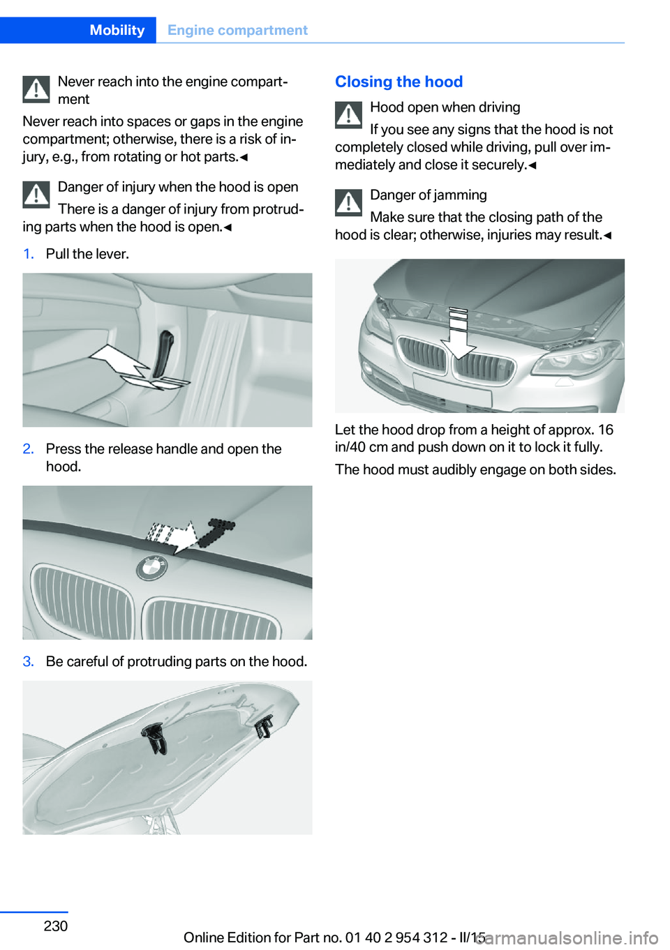 BMW 535D XDRIVE SEDAN 2015  Owners Manual Never reach into the engine compart‐
ment
Never reach into spaces or gaps in the engine
compartment; otherwise, there is a risk of in‐
jury, e.g., from rotating or hot parts.◀
Danger of injury w