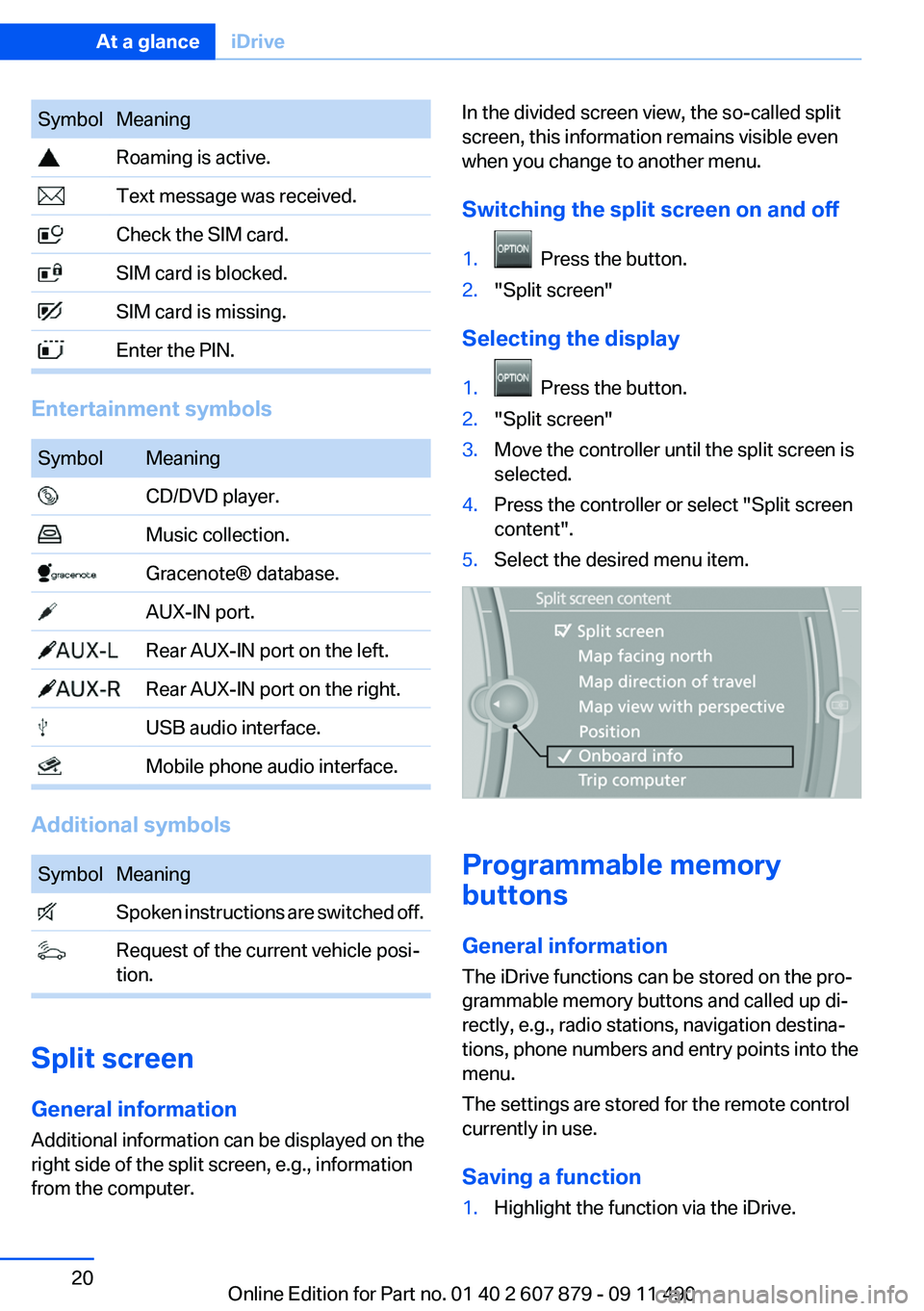 BMW 535I 2012  Owners Manual SymbolMeaning Roaming is active. Text message was received. Check the SIM card. SIM card is blocked. SIM card is missing. Enter the PIN.
Entertainment symbols
SymbolMeaning CD/DVD player. Music collec