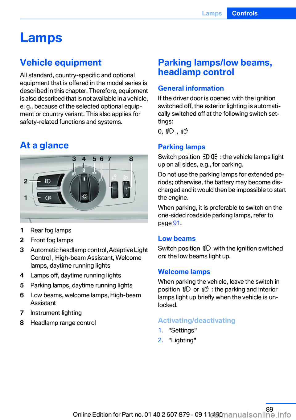 BMW 535I 2012  Owners Manual LampsVehicle equipment
All standard, country-specific and optional
equipment that is offered in the model series is
described in this chapter. Therefore, equipment
is also described that is not availa