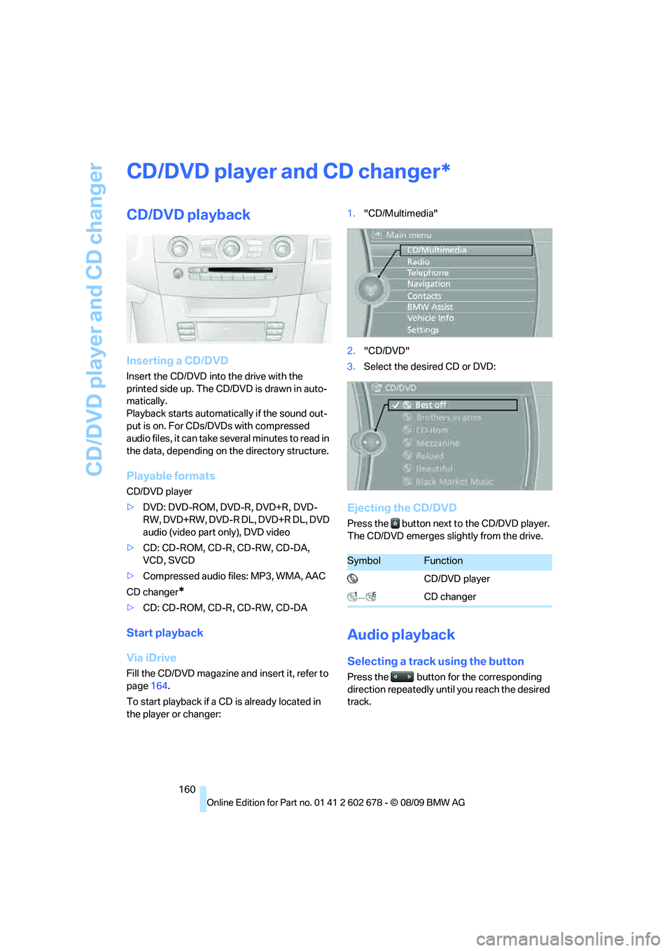 BMW 535I 2010 Owners Manual CD/DVD player and CD changer
160
CD/DVD player and CD changer
CD/DVD playback
Inserting a CD/DVD
Insert the CD/DVD into the drive with the
printed side up. The CD/DVD is drawn in auto-
matically.
Pla BMW 535I 2010 Owners Manual CD/DVD player and CD changer
160
CD/DVD player and CD changer
CD/DVD playback
Inserting a CD/DVD
Insert the CD/DVD into the drive with the
printed side up. The CD/DVD is drawn in auto-
matically.
Pla
