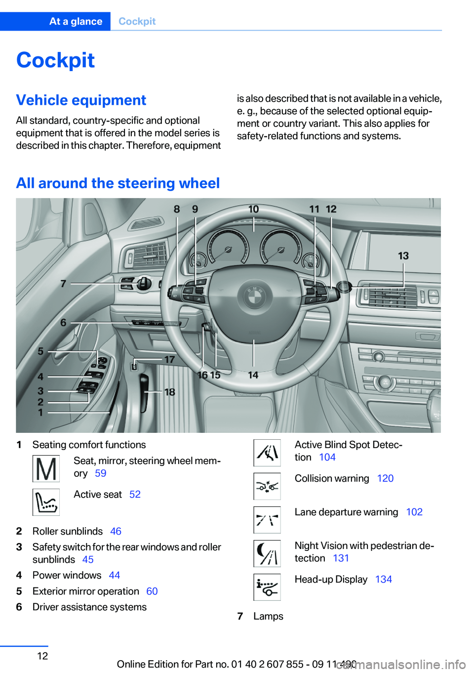 BMW 535I GRAN TURISMO 2012  Owners Manual CockpitVehicle equipment
All standard, country-specific and optional
equipment that is offered in the model series is
described in this chapter. Therefore, equipmentis also described that is not avail
