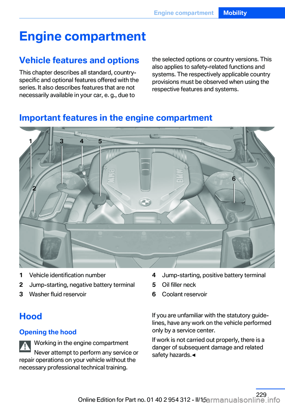 BMW 535I SEDAN 2016  Owners Manual Engine compartmentVehicle features and optionsThis chapter describes all standard, country-
specific and optional features offered with the
series. It also describes features that are not
necessarily 