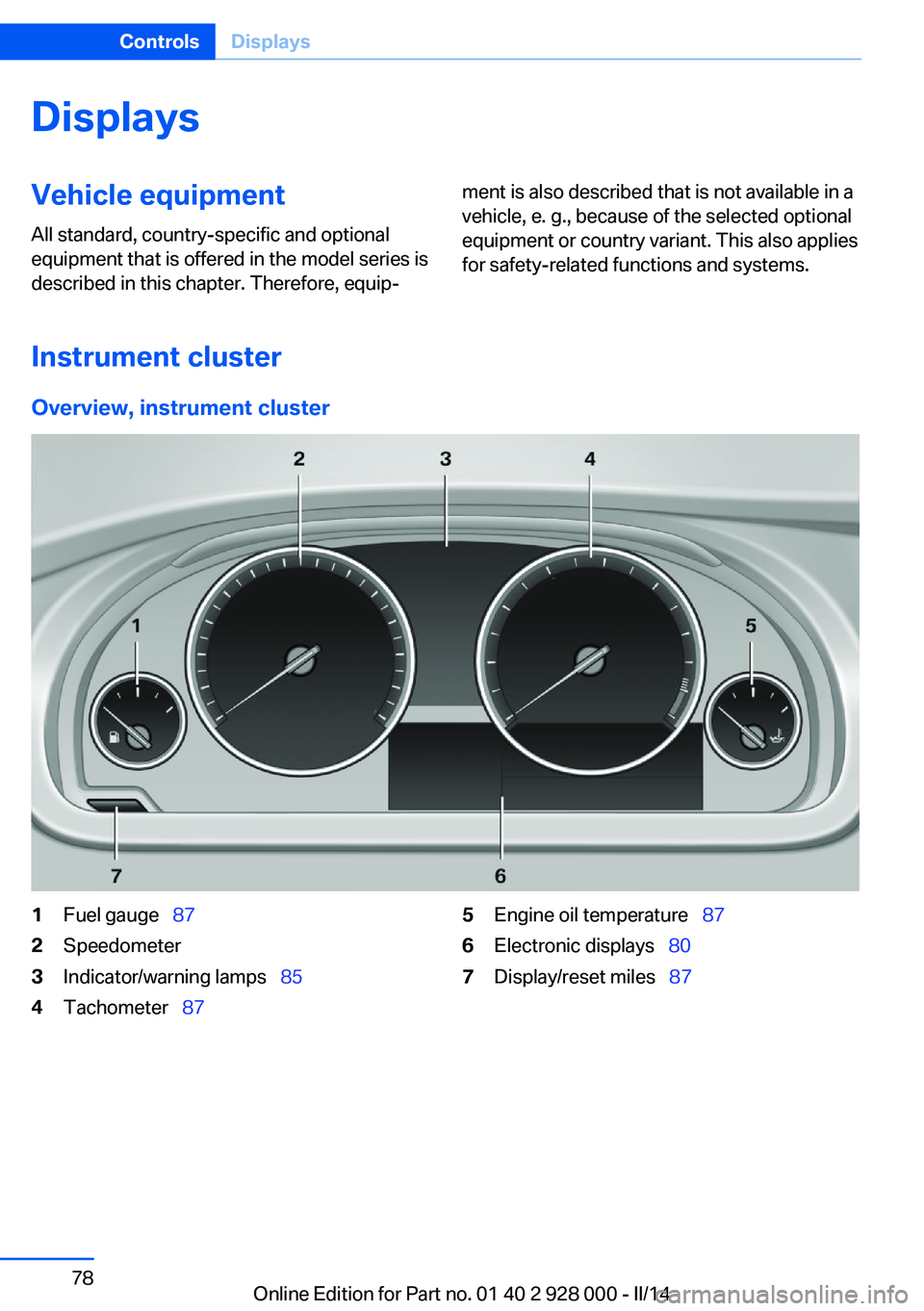 BMW 535I SEDAN 2014  Owners Manual DisplaysVehicle equipmentAll standard, country-specific and optional
equipment that is offered in the model series is
described in this chapter. Therefore, equip‐ment is also described that is not a