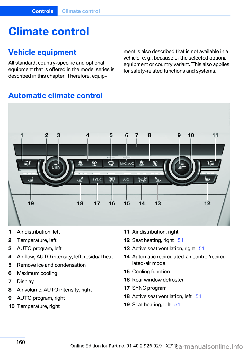 BMW 535I SEDAN 2013  Owners Manual Climate controlVehicle equipment
All standard, country-specific and optional
equipment that is offered in the model series is
described in this chapter. Therefore, equip‐ment is also described that 