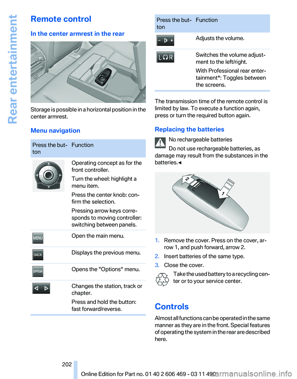 BMW 535I SEDAN 2011  Owners Manual Remote control
In the center armrest in the rear
Storage is possible in a horizontal position in the
center armrest.
Menu navigation
Press the but‐
ton
Function Operating concept as for the
front co