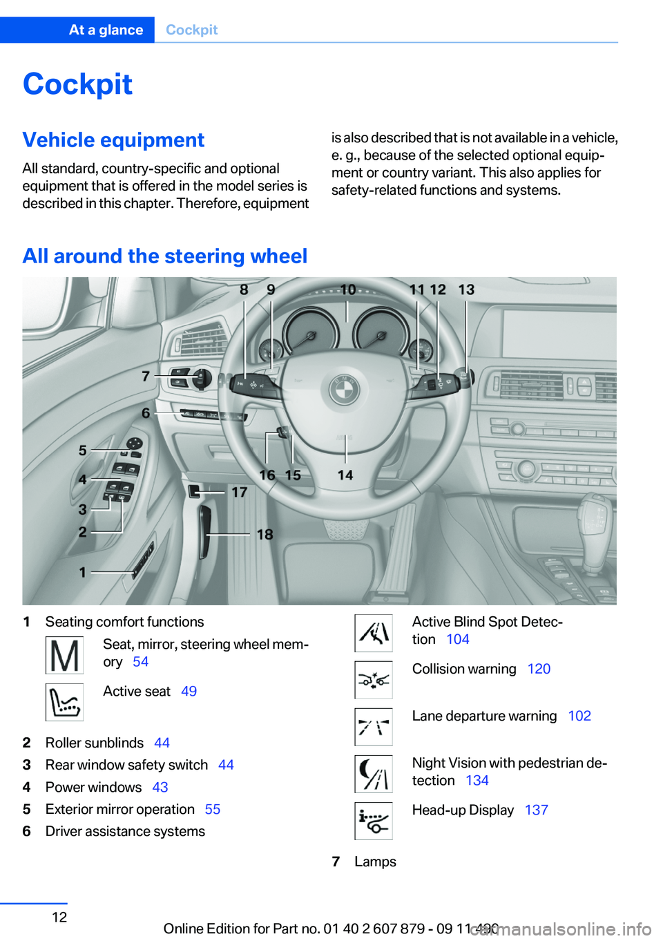 BMW 535I XDRIVE SEDAN 2012  Owners Manual CockpitVehicle equipment
All standard, country-specific and optional
equipment that is offered in the model series is
described in this chapter. Therefore, equipmentis also described that is not avail