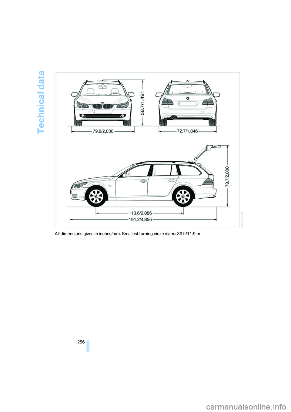 BMW 535XI 2008  Owners Manual Technical data
256
All dimensions given in inches/mm. Smallest turning circle diam.: 39 ft/11.9 m 