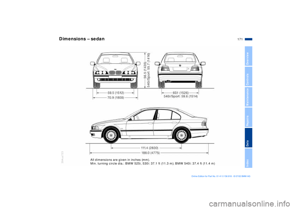 BMW 540I SEDAN 2003  Owners Manual 171n
OverviewControlsMaintenanceRepairsDataIndex
394us723
Dimensions Ð sedan
All dimensions are given in inches (mm).
Min. turning circle dia.: BMW 525i, 530i: 37.1 ft (11.3 m); BMW 540i: 37.4 ft (11
