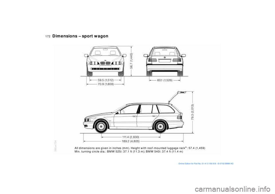 BMW 540I SEDAN 2003  Owners Manual 172n
Dimensions Ð sport wagon
392us724
All dimensions are given in inches (mm). Height with roof-mou nted luggage rack
*: 57.4 (1,459)
Min. turning circle dia.: BMW 525i: 37.1 ft (11.3 m); BMW 540i: 