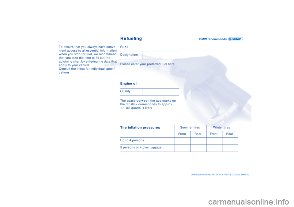 BMW 540I SEDAN 2003  Owners Manual To ensure that you always have conve-
nient access to all essential information 
when you stop for fuel, we recommend 
that you take the time to fill out the 
adjoining chart by entering the data that
