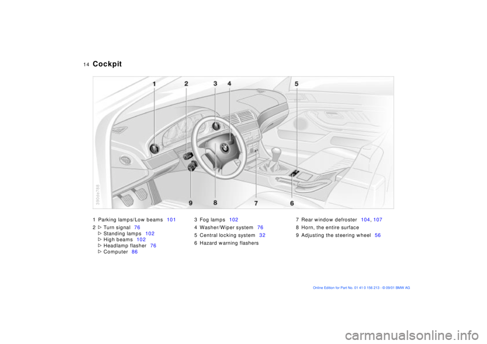 BMW 540I SEDAN 2002  Owners Manual  
14n
1 Parking lamps/Low beams101
2
 
>
 
Turn signal76
 
>
 
Standing lamps102
 
>
 
High beams102
 
>
 
Headlamp flasher76
 
>
 
Computer863 Fog lamps102
4 Washer/Wiper system76
5 Central locking s
