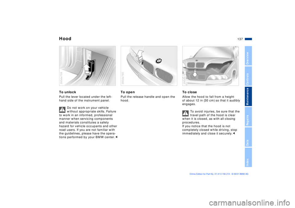 BMW 540I SEDAN 2002  Owners Manual 137n
OverviewControlsMaintenanceRepairsDataIndex
HoodTo unlockPull the lever located under the left-
hand side of the instrument panel.
Do not work on your vehicle 
without appropriate skills. Failure