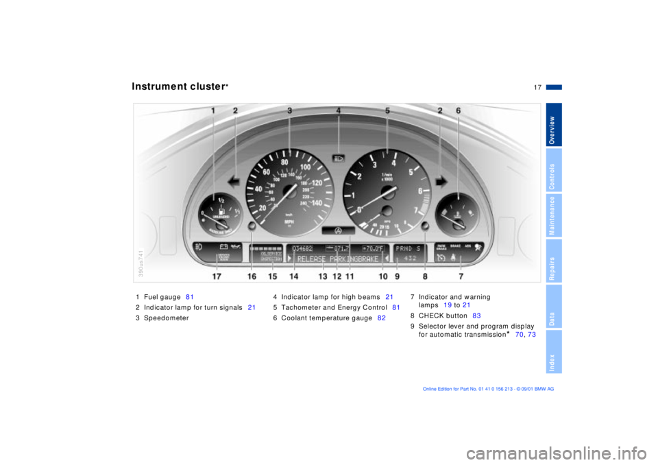 BMW 540I SEDAN 2002  Owners Manual  
17n
 
OverviewControlsMaintenanceRepairsDataIndex
 
Instrument cluster
 
* 
1 Fuel gauge81
2 Indicator lamp for turn signals21
3 Speedometer4 Indicator lamp for high beams21
5 Tachometer and Energy 