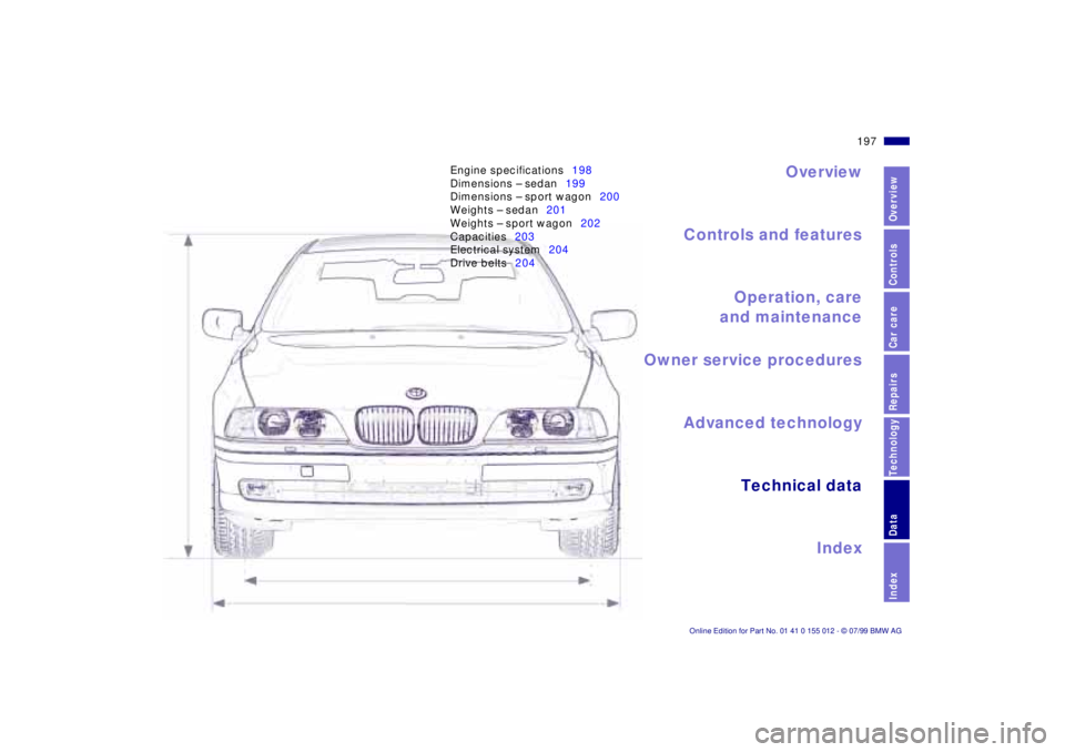 BMW 540I SEDAN 2000  Owners Manual Overview
Controls and features
Operation, care
and maintenance
Owner service procedures
Technical data
Index Advanced technology
197n
RepairsIndexOverview Controls Car care Technology Data
Engine spec