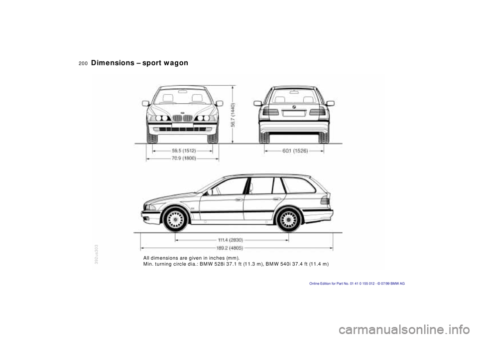 BMW 540I SEDAN 2000  Owners Manual 200n
Dimensions Ð sport wagon
392us303
All dimensions are given in inches (mm).
Min. turning circle dia.: BMW 528i 37.1 ft (11.3 m), BMW 540i 37.4 ft (11.4 m)
..
.
.. 