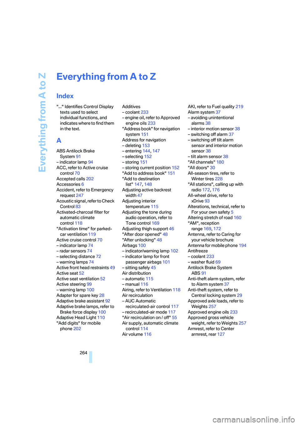 BMW 550I 2008  Owners Manual Everything from A to Z
264
Everything from A to Z
Index
"..." Identifies Control Display 
texts used to select 
individual functions, and 
indicates where to find them 
in the text.
A
ABS Antilock Bra