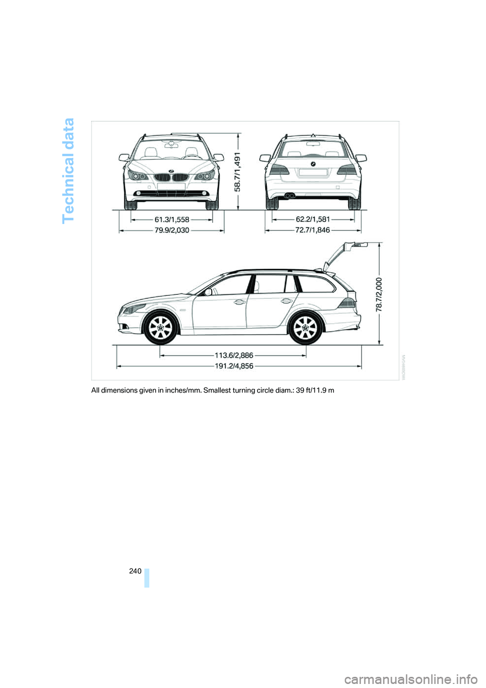 BMW 550I 2007  Owners Manual Technical data
240
All dimensions given in inches/mm. Smallest turning circle diam.: 39 ft/11.9 m 