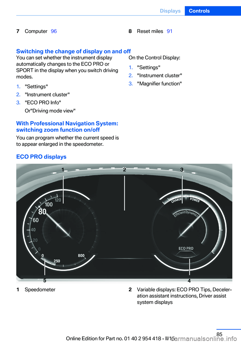 BMW 640I CONVERTIBLE 2015  Owners Manual 7Computer  968Reset miles   91
Switching the change of display on and off
You can set whether the instrument display
automatically changes to the ECO PRO or
SPORT in the display when you switc