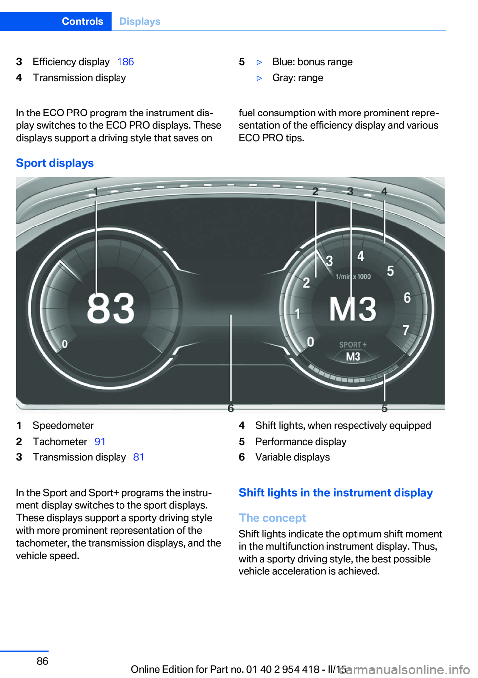BMW 640I CONVERTIBLE 2015  Owners Manual 3Efficiency display  1864Transmission display5▷Blue: bonus range▷Gray: rangeIn the ECO PRO program the instrument dis‐
play switches to the ECO PRO displays. These
displays support a driving