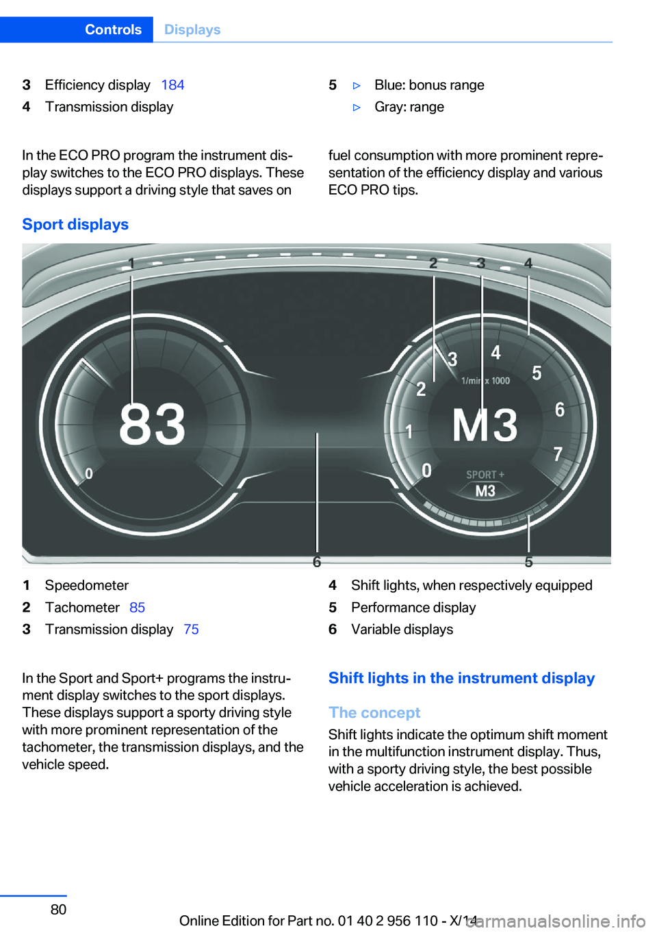 BMW 640I XDRIVE GRAN COUPE 2014  Owners Manual 3Efficiency display  1844Transmission display5▷Blue: bonus range▷Gray: rangeIn the ECO PRO program the instrument dis‐
play switches to the ECO PRO displays. These
displays support a driving