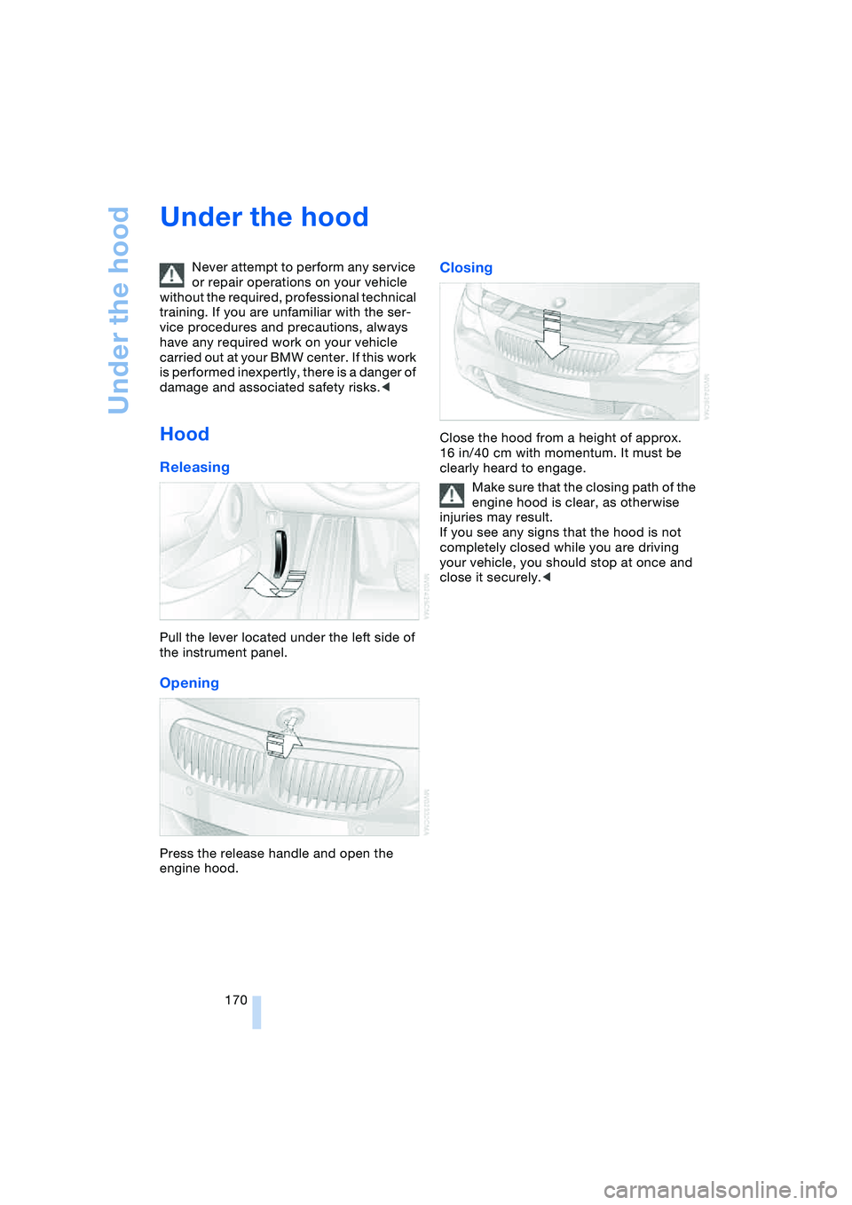 BMW 645CI COUPE&CONVERTIBLE 2004  Owners Manual Under the hood
170
Under the hood 
Never attempt to perform any service 
or repair operations on your vehicle 
without the required, professional technical 
training. If you are unfamiliar with the se