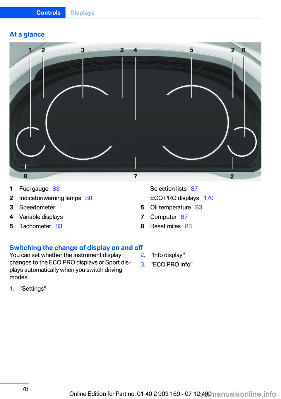 BMW 650I CONVERTIBLE 2013  Owners Manual At a glance1Fuel gauge  832Indicator/warning lamps   803Speedometer4Variable displays5Tachometer  83Selection lists   87
ECO PRO displays   1706Oil temperature  837Computer 