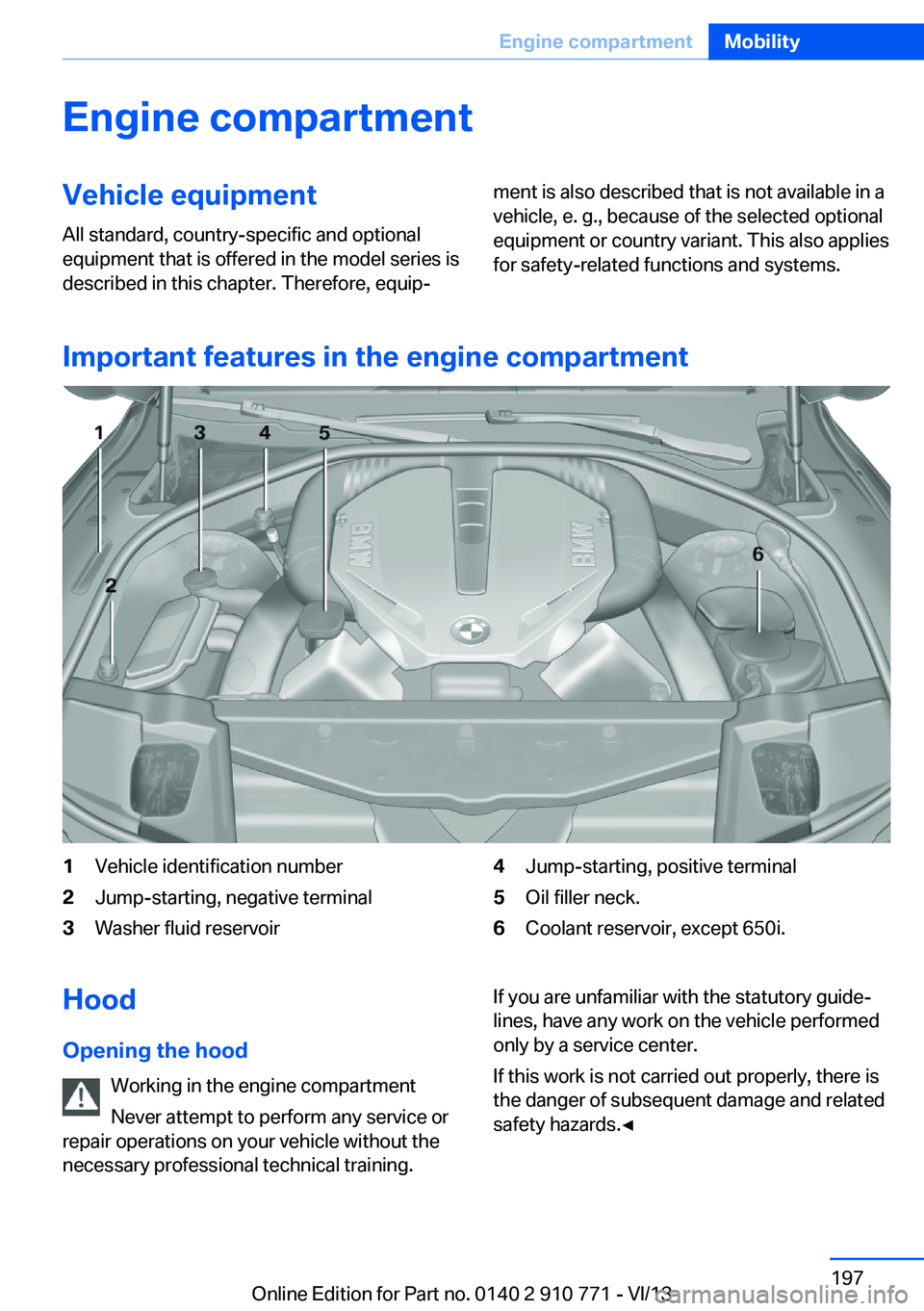 BMW 650I COUPE 2014  Owners Manual Engine compartmentVehicle equipmentAll standard, country-specific and optional
equipment that is offered in the model series is
described in this chapter. Therefore, equip‐ment is also described tha