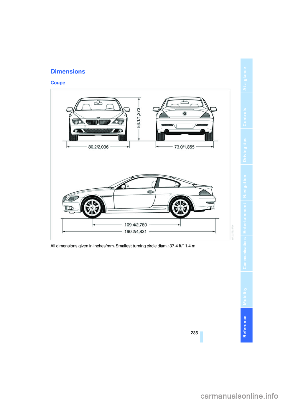 BMW 650I COUPE&CONVERTIBLE 2008  Owners Manual Reference 235
At a glance
Controls
Driving tips
Communications
Navigation
Entertainment
Mobility
Dimensions
Coupe
All dimensions given in inches/mm. Smallest turning circle diam.: 37.4 ft/11.4 m 
