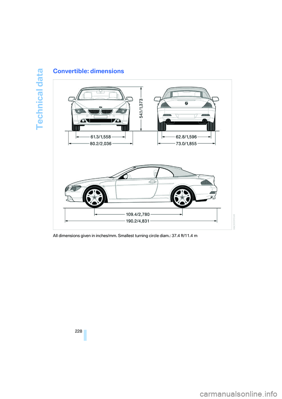 BMW 650I COUPE&CONVERTIBLE 2007  Owners Manual Technical data
228
Convertible: dimensions
All dimensions given in inches/mm. Smallest turning circle diam.: 37.4 ft/11.4 m 