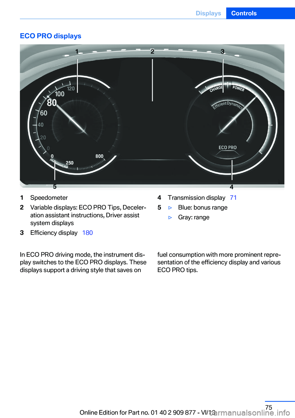 BMW 650I GRAN COUPE 2014  Owners Manual ECO PRO displays1Speedometer2Variable displays: ECO PRO Tips, Deceler‐
ation assistant instructions, Driver assist
system displays3Efficiency display   1804Transmission display   715▷Blue: