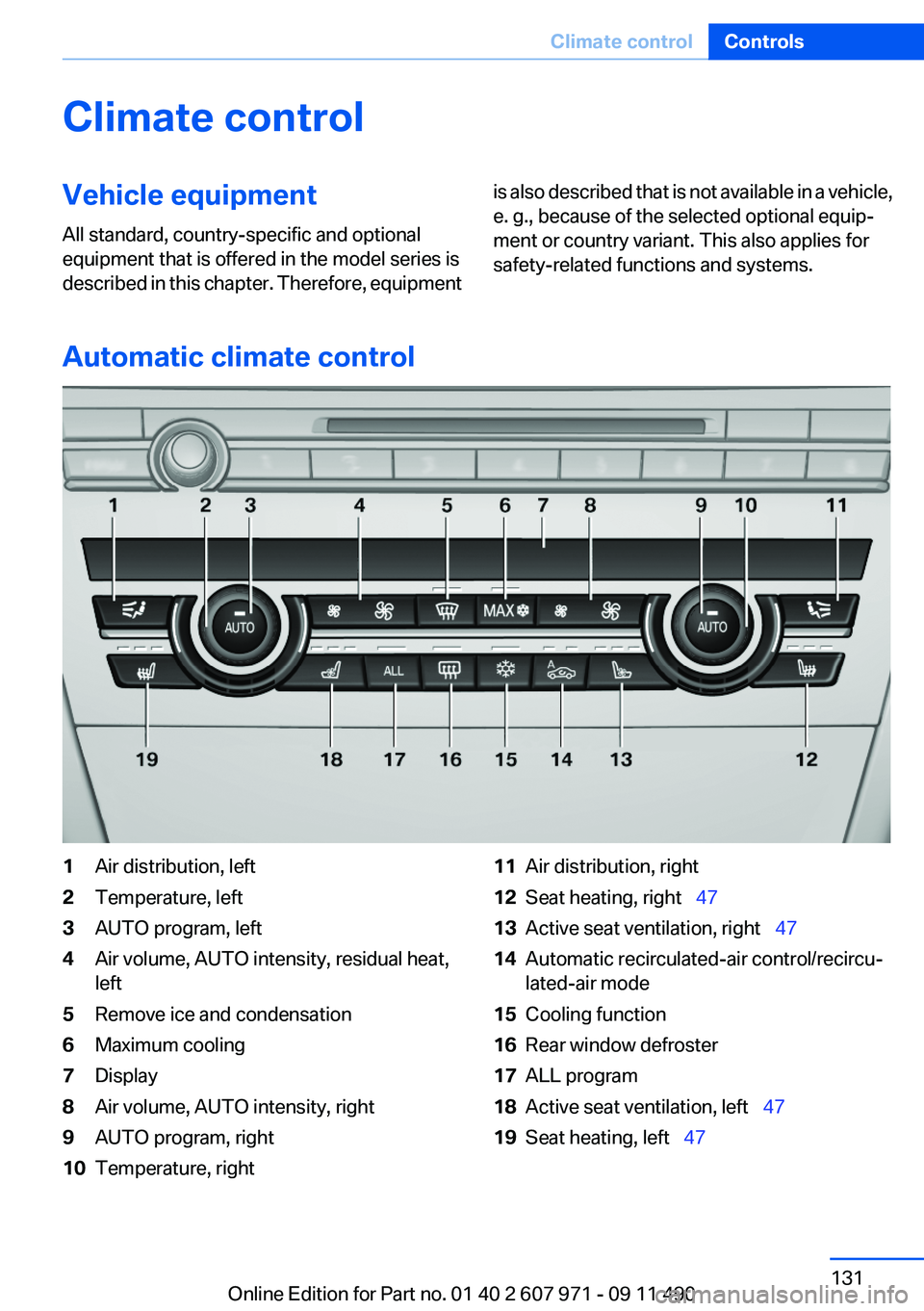 BMW 650I XDRIVE COUPE 2012  Owners Manual Climate controlVehicle equipment
All standard, country-specific and optional
equipment that is offered in the model series is
described in this chapter. Therefore, equipmentis also described that is n