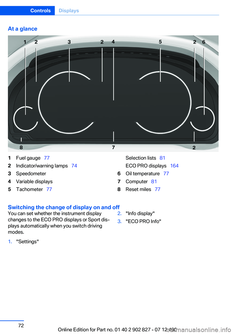 BMW 650I XDRIVE GRAN COUPE 2013  Owners Manual At a glance1Fuel gauge  772Indicator/warning lamps   743Speedometer4Variable displays5Tachometer  77Selection lists   81
ECO PRO displays   1646Oil temperature  777Computer 