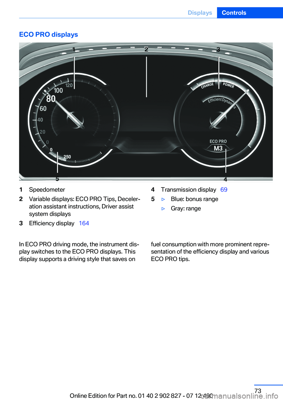 BMW 650I XDRIVE GRAN COUPE 2013  Owners Manual ECO PRO displays1Speedometer2Variable displays: ECO PRO Tips, Deceler‐
ation assistant instructions, Driver assist
system displays3Efficiency display   1644Transmission display   695▷Blue: