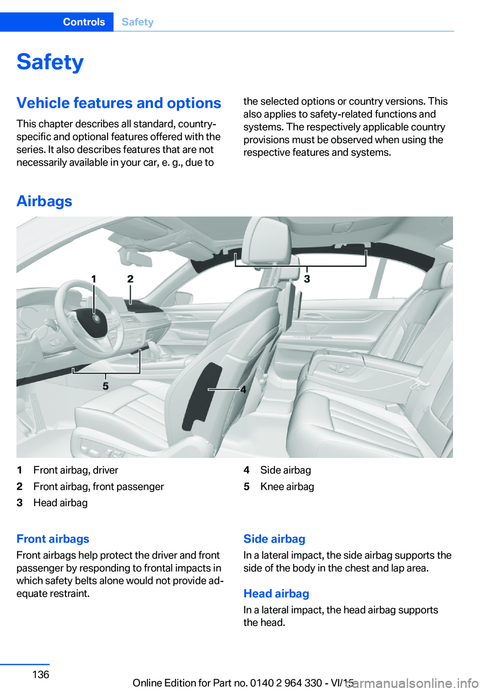 BMW 740LD XDRIVE SEDAN 2015  Owners Manual SafetyVehicle features and options
This chapter describes all standard, country-
specific and optional features offered with the
series. It also describes features that are not
necessarily available i