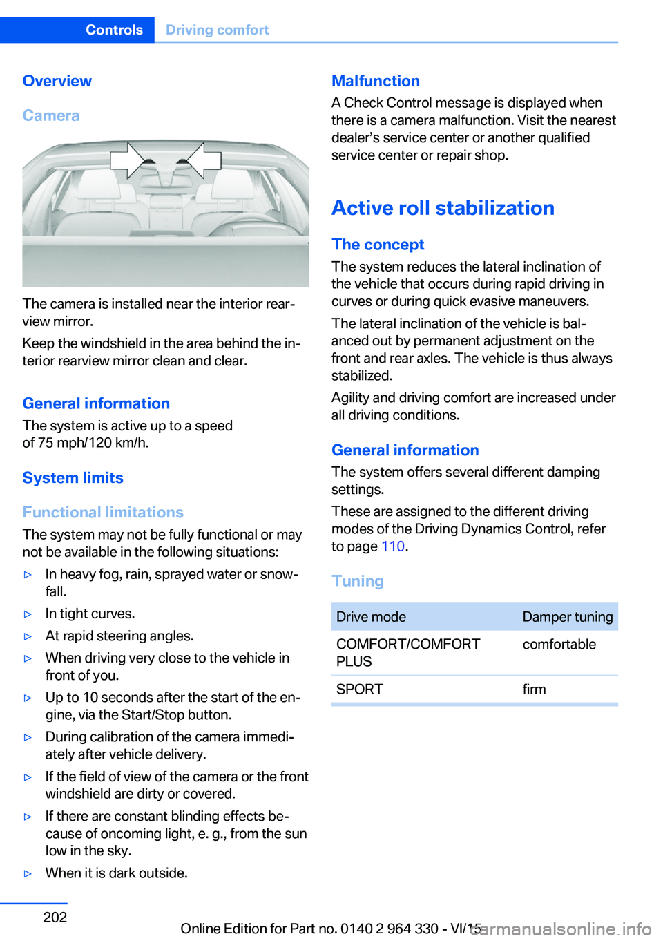 BMW 740LD XDRIVE SEDAN 2015 Owners Manual Overview
Camera
The camera is installed near the interior rear‐
view mirror.
Keep the windshield in the area behind the in‐
terior rearview mirror clean and clear.
General information
The system i BMW 740LD XDRIVE SEDAN 2015 Owners Manual Overview
Camera
The camera is installed near the interior rear‐
view mirror.
Keep the windshield in the area behind the in‐
terior rearview mirror clean and clear.
General information
The system i