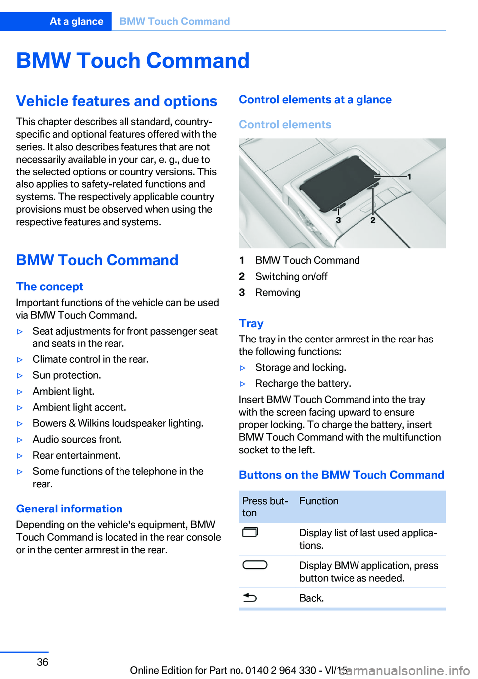 BMW 740LI SEDAN 2015 Owners Manual BMW Touch CommandVehicle features and options
This chapter describes all standard, country-
specific and optional features offered with the
series. It also describes features that are not
necessarily BMW 740LI SEDAN 2015 Owners Manual BMW Touch CommandVehicle features and options
This chapter describes all standard, country-
specific and optional features offered with the
series. It also describes features that are not
necessarily