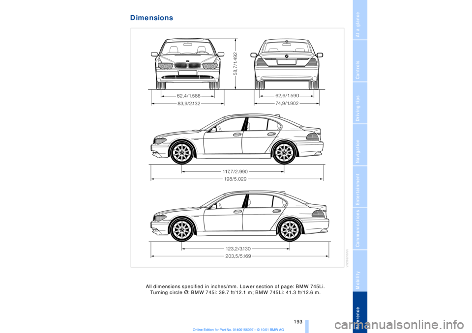 BMW 745LI SEDAN 2002  Owners Manual At a glanceControlsDriving tipsCommunicationsNavigationEntertainmentMobilityReference
 193
Dimensions 
All dimensions specified in inches/mm. Lower section of page: BMW 745Li. 
Turning circle D: BMW 7