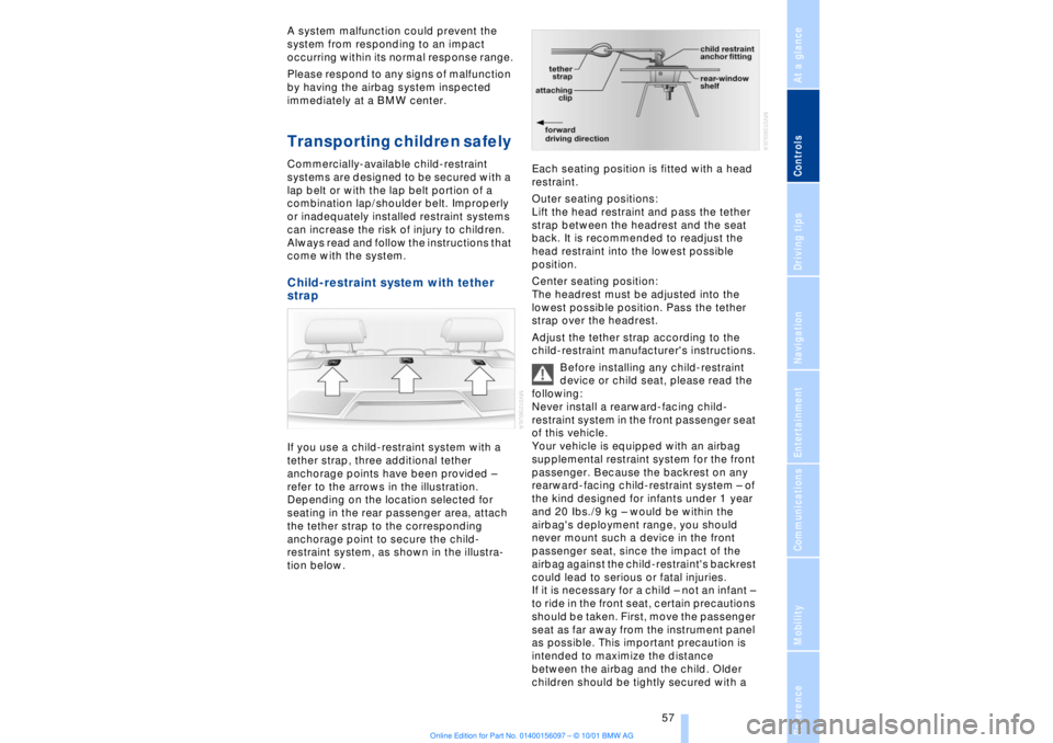 BMW 745LI SEDAN 2002  Owners Manual At a glanceControlsDriving tipsCommunicationsNavigationEntertainmentMobilityReference
 57
A system malfunction could prevent the 
system from responding to an impact 
occurring within its normal respo