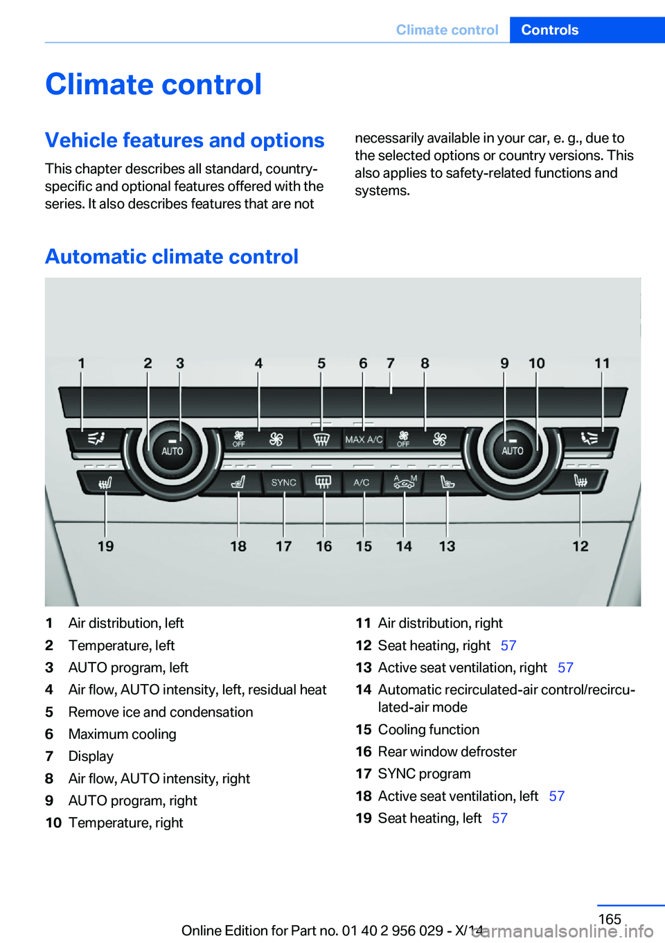 BMW 750LI XDRIVE SEDAN 2014  Owners Manual Climate controlVehicle features and options
This chapter describes all standard, country-
specific and optional features offered with the
series. It also describes features that are notnecessarily ava