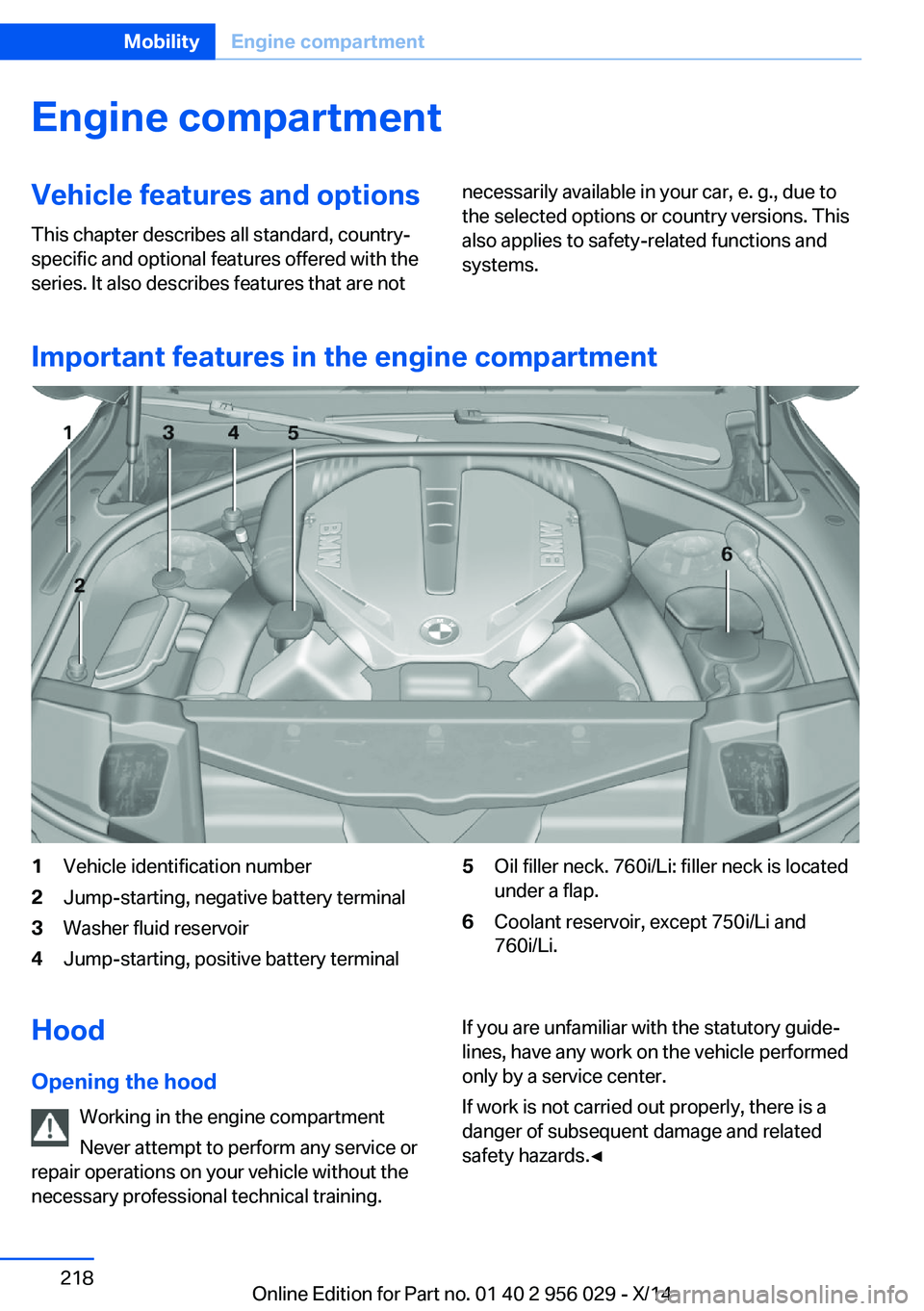BMW 750LI XDRIVE SEDAN 2014 Owners Manual Engine compartmentVehicle features and optionsThis chapter describes all standard, country-
specific and optional features offered with the
series. It also describes features that are notnecessarily a BMW 750LI XDRIVE SEDAN 2014 Owners Manual Engine compartmentVehicle features and optionsThis chapter describes all standard, country-
specific and optional features offered with the
series. It also describes features that are notnecessarily a