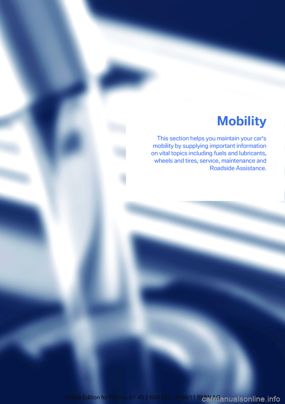 BMW M3 COUPE 2012  Owners Manual This section helps you maintain your cars
mobility by supplying important information
on vital topics including  fuels and lubricants,
wheels and tires, serv ice, maintenance and
Roadside Assistance.