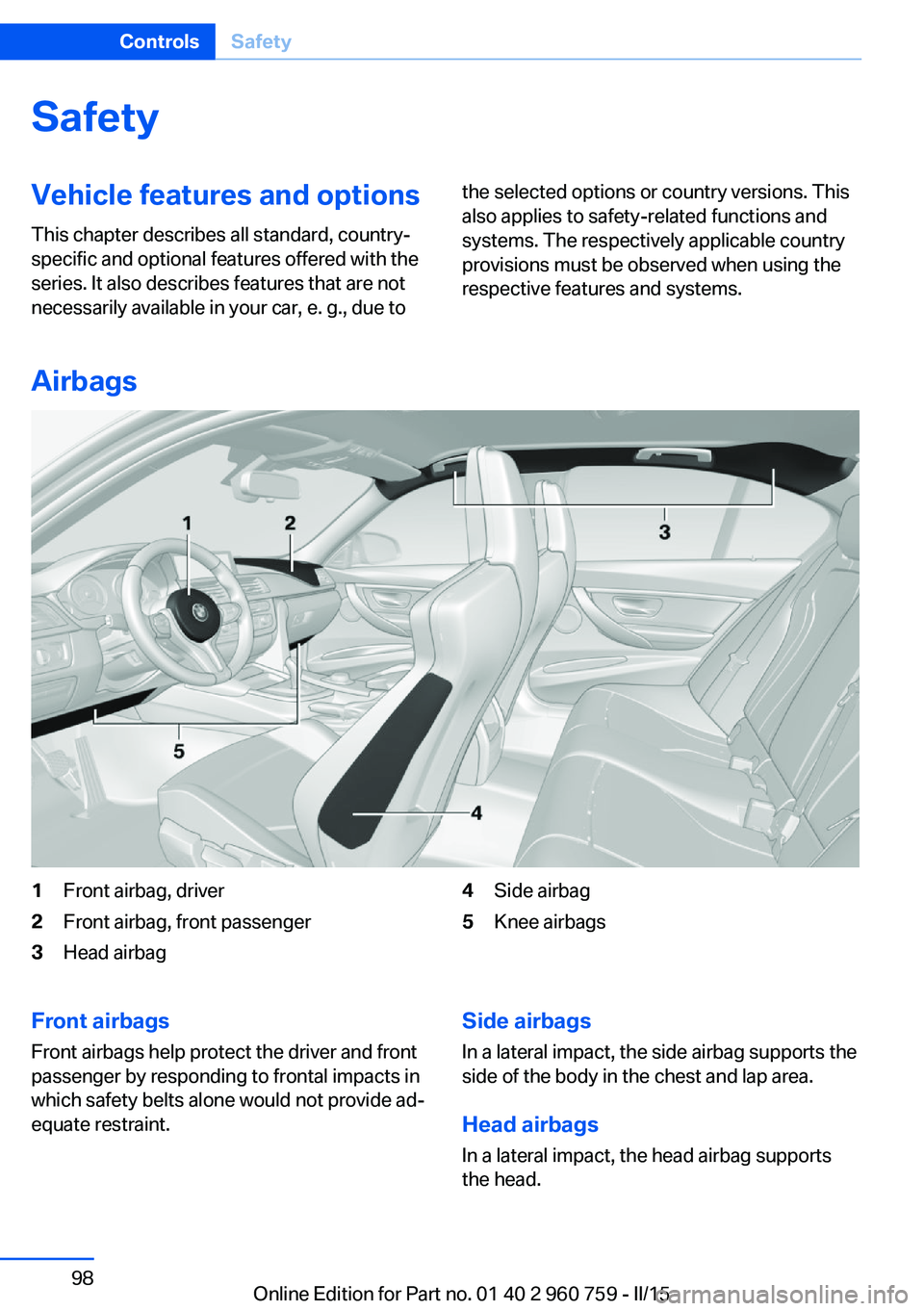 BMW M3 SEDAN 2016  Owners Manual SafetyVehicle features and options
This chapter describes all standard, country-
specific and optional features offered with the
series. It also describes features that are not
necessarily available i